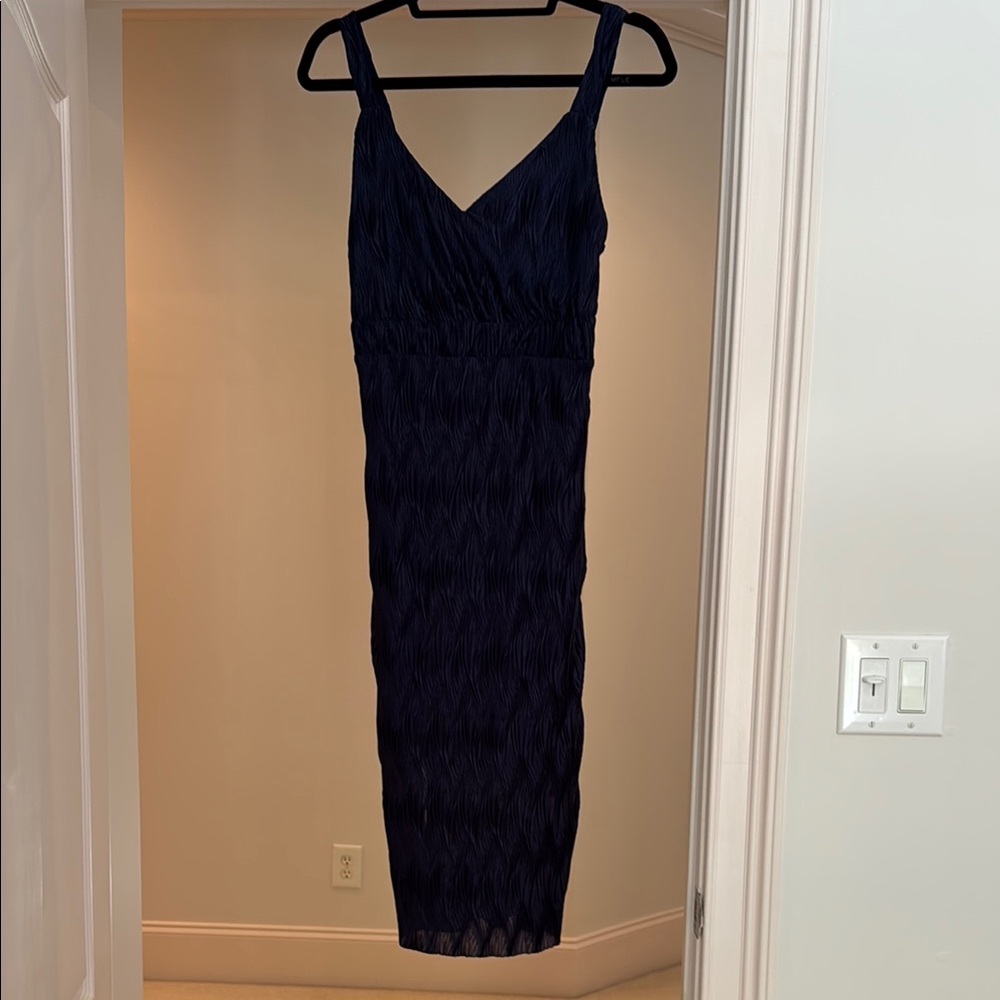 Ruched Blue V-Neck Sheath Midi Dress